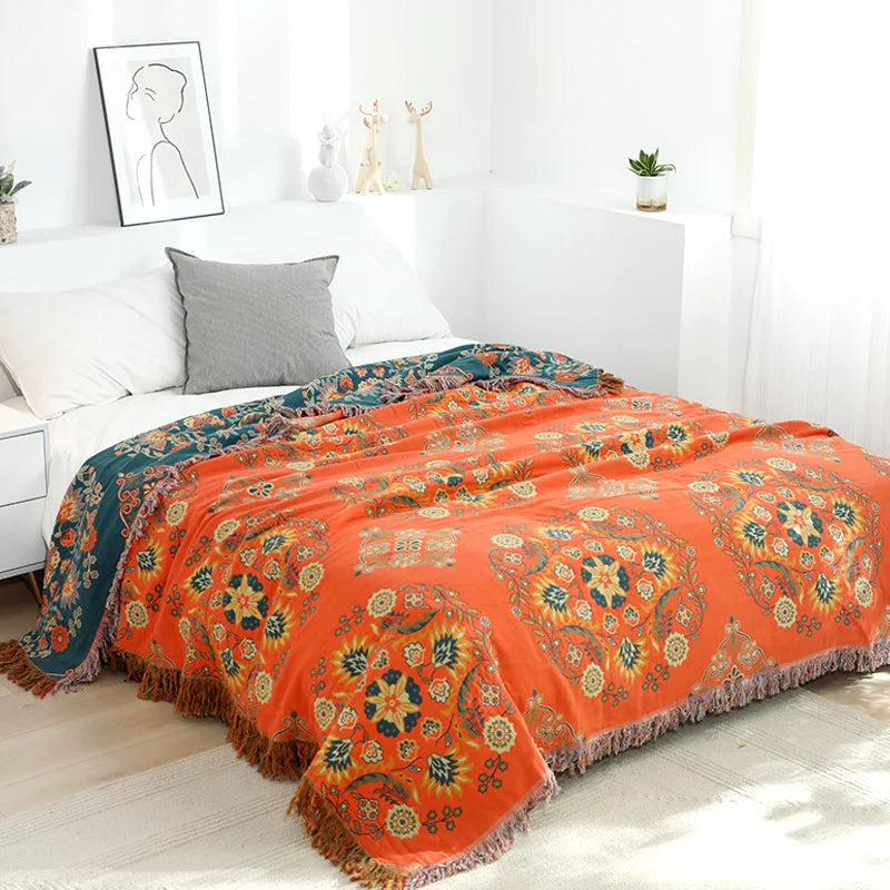 Woven Cotton Throw Blanket with Tasseled Fringe – Lightweight All-Season Layer for Couch or Bed