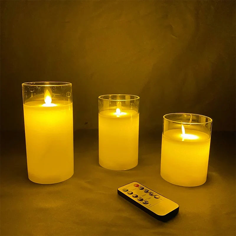 Battery-Operated LED Pillar Candles with Remote Control Timer Set of 3 Realistic Flickering Light Amber Smoke Clear Glass for Dining Room Be | Thomler