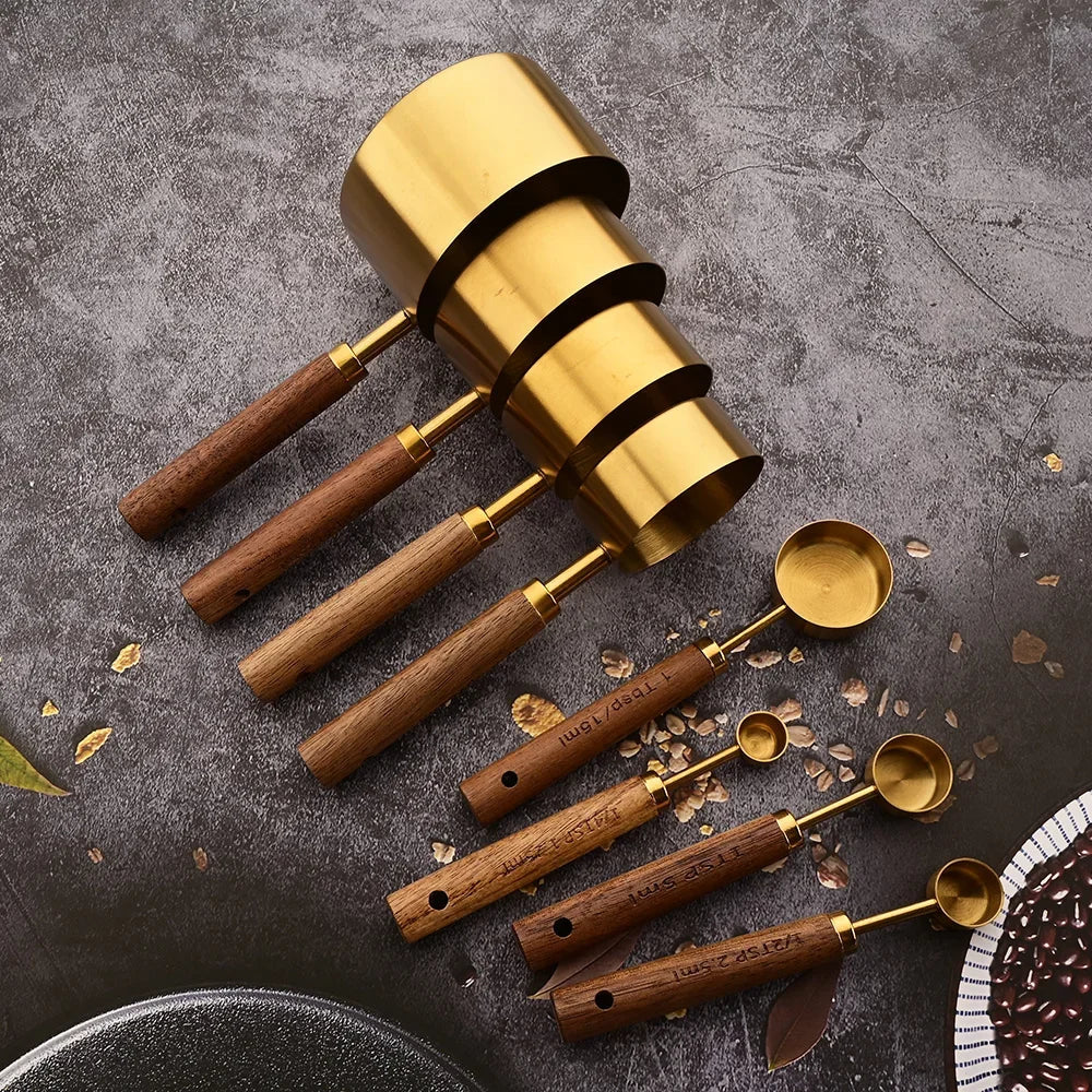 Stainless Steel Kitchen Measuring Spoons 8-Piece Set with Wood Handles for Baking Cooking Spice Portioning Recipe Prep Home Chef Tools | Thomler