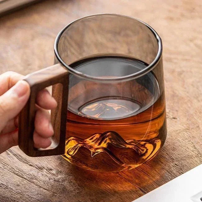 Insulated Borosilicate Glass Mug with Wood Grip 4-Inch Thermal Coffee Cup Peak Shape for Hot Beverages Kitchen Office | Thomler