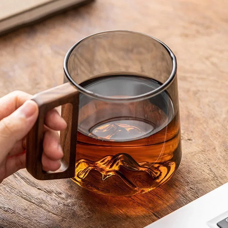Insulated Borosilicate Glass Mug with Wood Grip 4-Inch Thermal Coffee Cup Peak Shape for Hot Beverages Kitchen Office | Thomler