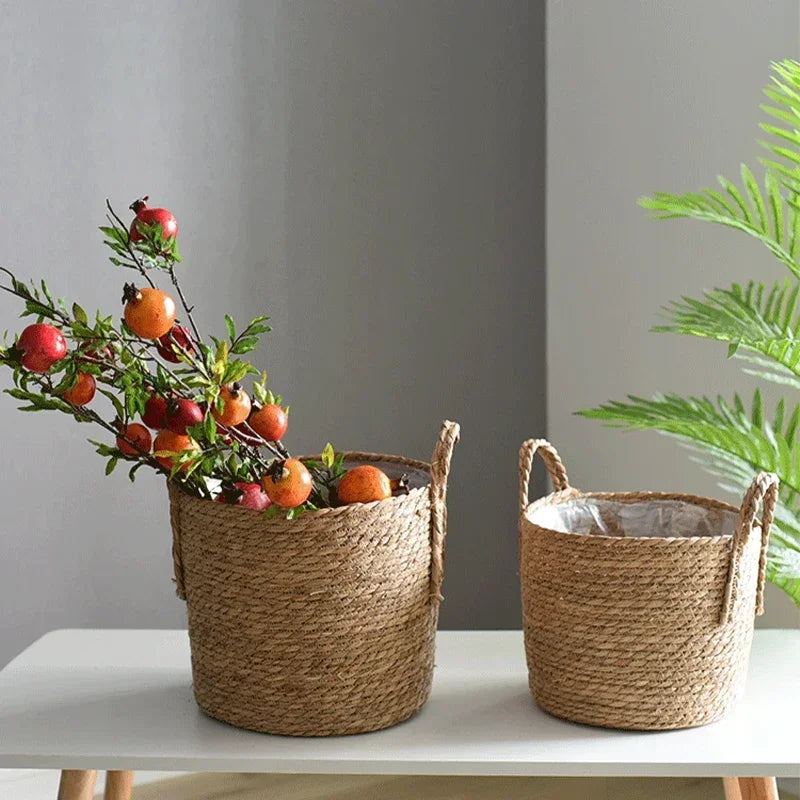 Handgeflochtener Seegraskorb mit Henkeln für Zimmerpflanzen, Outdoor-Töpfe, Aufbewahrung, Naturfaser, Boho-Deko, rustikales Landhaus | Thomler
