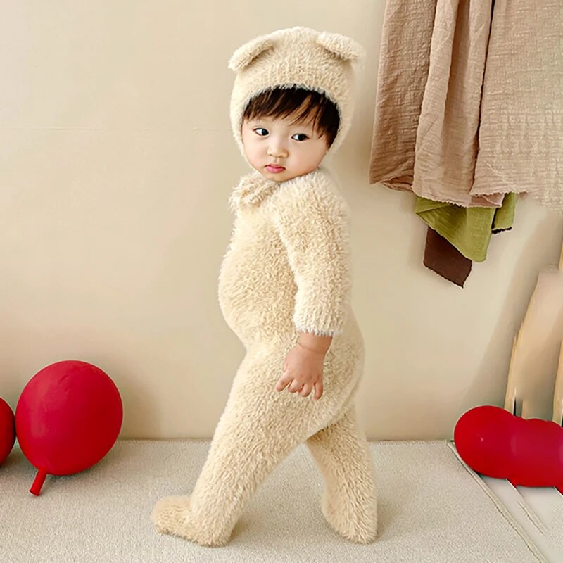 Plush Bear Hooded Romper for Baby – Soft Fleece Bodysuit Onesie for Infant Boys & Girls