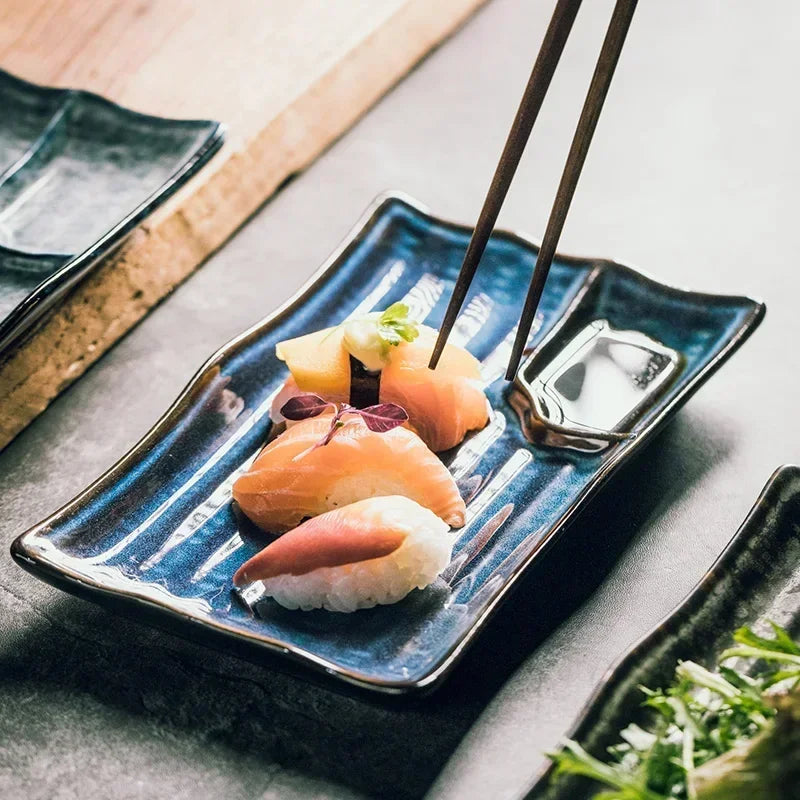 Handcrafted Rectangular Dish with Sauce Well 9×5 Inches White Glazed Dinnerware for Sushi Nigiri Sashimi Japanese Appetizers Tableware | Thomler