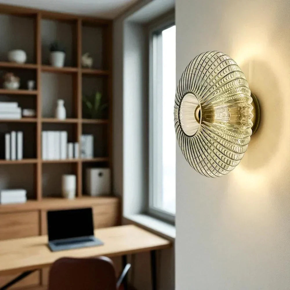 Textured Glass Shell Sconce in Golden Amber Finish for Bedroom Hallway Living Room Accent Lighting | Thomler