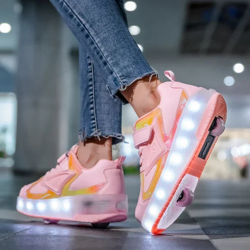 Kinder-Rollenschuhe mit LED-Licht, Sneaker mit Rädern, Pink, aufladbare leuchtende Sportschuhe mit Klettverschluss für Jungen, Mädchen und Jugendliche | Thomler