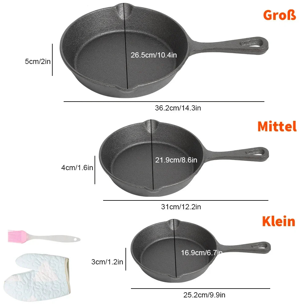 Cast Iron Skillet Set 3-Piece 6.3 8 10 Inch Black Uncoated Frying Pans Gas Electric Induction Campfire Cookware Stovetop to Oven Kitchen | Thomler