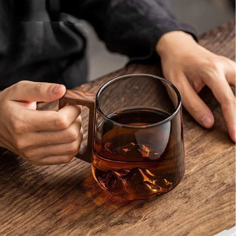 Insulated Borosilicate Glass Mug with Wood Grip 4-Inch Thermal Coffee Cup Peak Shape for Hot Beverages Kitchen Office | Thomler