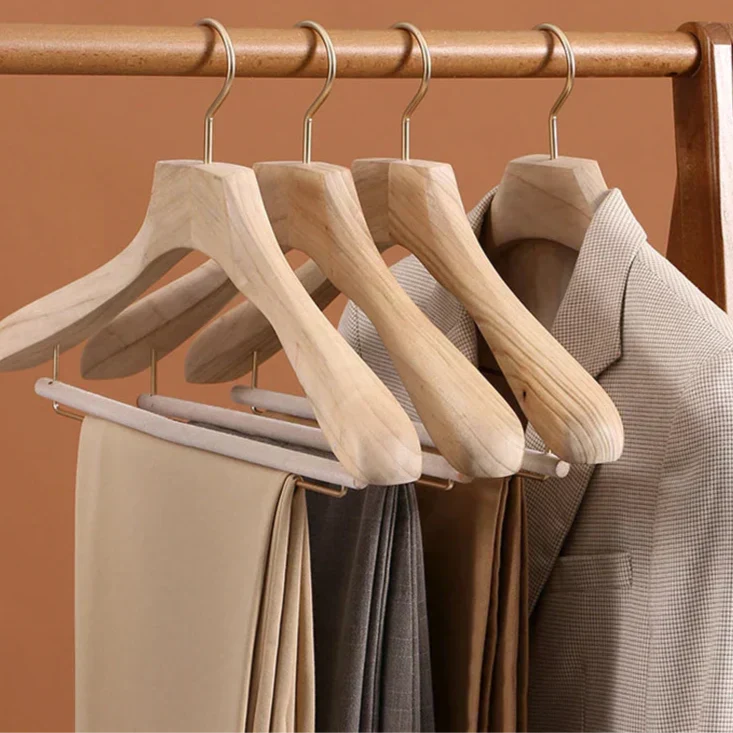 Wooden Suit Hangers with Trouser Bar – 1.6 Inch Wide Shoulder Cedar Coat Storage for Closet Organization | Thomler