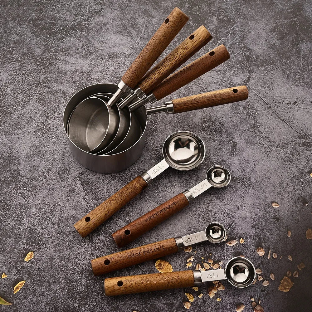 8-Piece Nesting Kitchen Measuring Spoons with Wood Handles Stainless Steel Cooking Baking Tools Set | Thomler