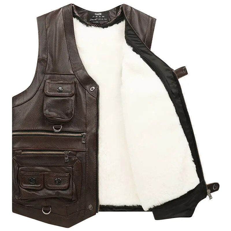 Genuine Leather Adventure Vest Sleeveless Casual Zip-Front Jacket Fall Winter Outdoor Riding Coat Men's Plus Sizes XL-7XL