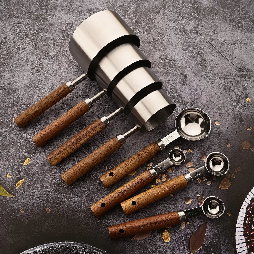 8-Piece Nesting Kitchen Measuring Spoons with Wood Handles Stainless Steel Cooking Baking Tools Set | Thomler