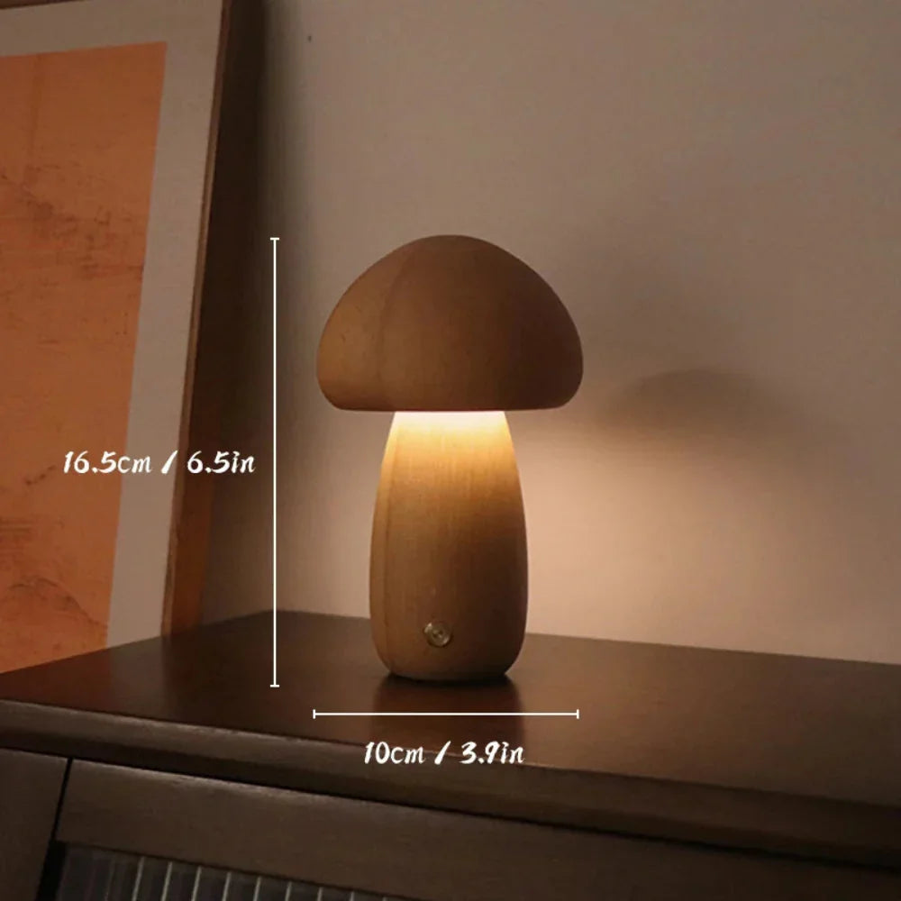 Natural Wood Toadstool Table Lamp with Adjustable Glow and USB Charging for Bedroom, Nursery, or Living Room Ambient Lighting | Thomler