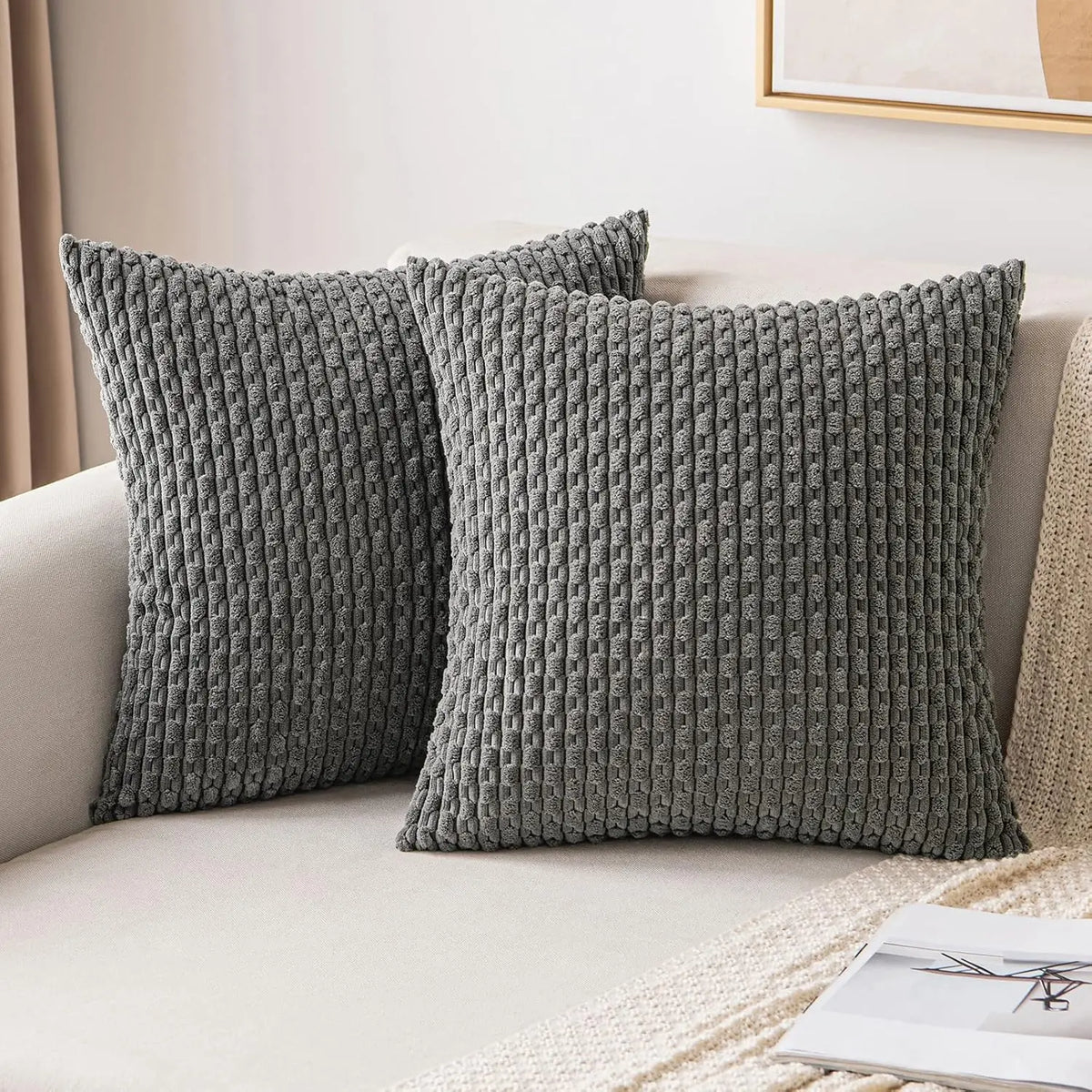 Ribbed Throw Pillow Cover 18×18 Inch Polyester Cotton Blend Textured Decorative Accent for Sofa Couch Armchair Bedroom Modern Scandinavian B | Thomler