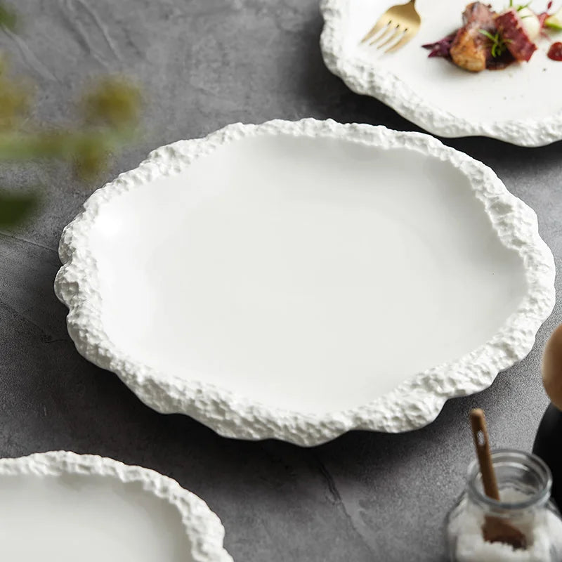 Stoneware Serving Plate 10.5 Inches Round Textured Edge Tabletop Dinnerware Porcelain Dish for Home Kitchen Daily Meals Large Platter Rustic | Thomler