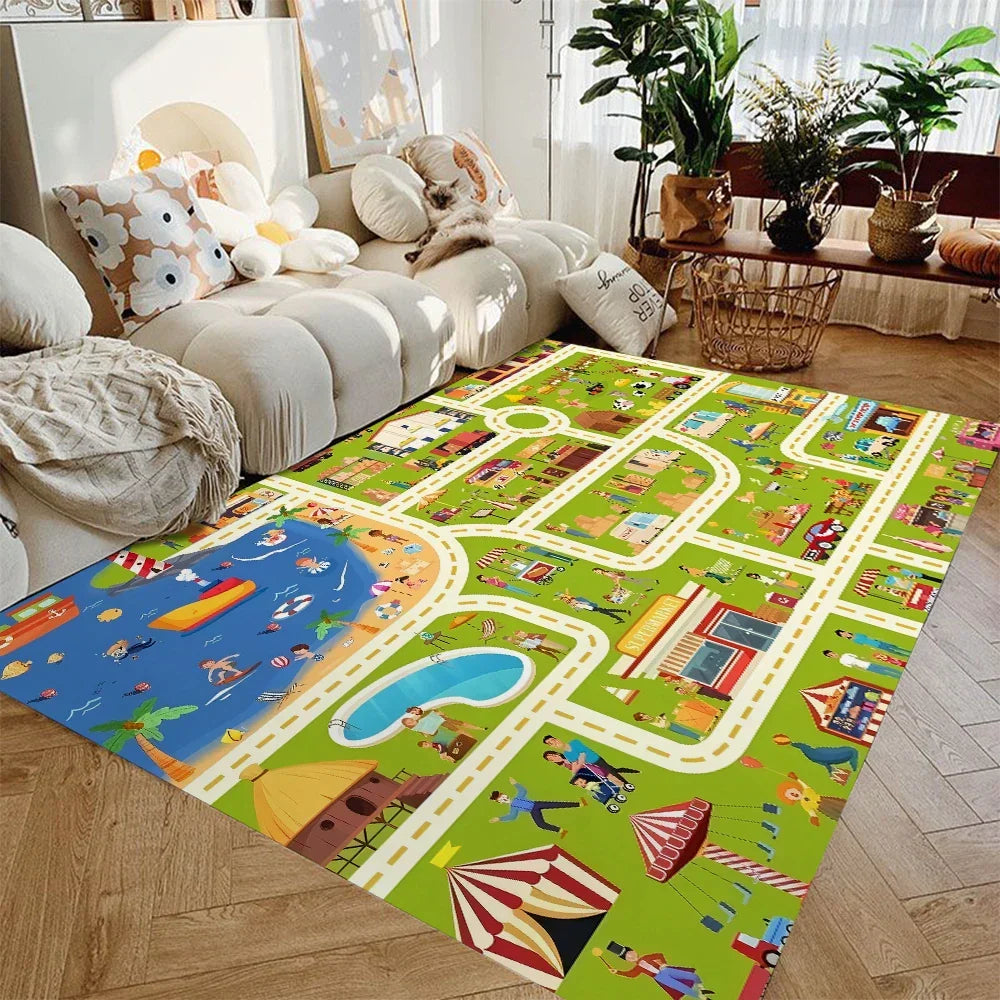 Alfombra de juegos con mapa de carreteras para niños, de franela suave antideslizante con calles de ciudad para cochecitos de juguete, ideal para cuarto de juegos, dormitorio o guardería, tapete lavable de 4 pies × 5 pies para niños pequeños | Thomler