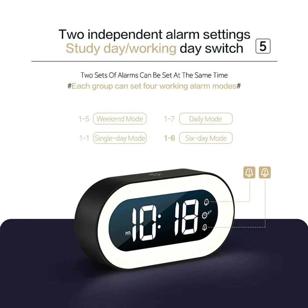 Digital LED Clock Rechargeable USB Bedside Wake-Up Timer with Calming Sounds & Adjustable Nightlight for Bedroom Travel Home Office | Thomler