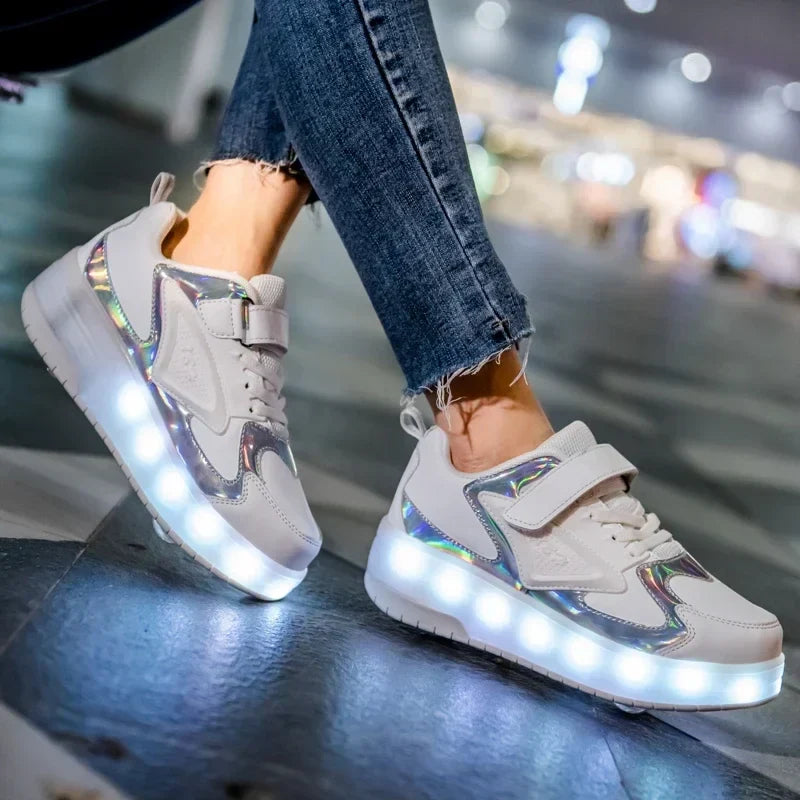 Kinder-Rollenschuhe mit LED-Licht, Sneaker mit Rädern, Pink, aufladbare leuchtende Sportschuhe mit Klettverschluss für Jungen, Mädchen und Jugendliche | Thomler