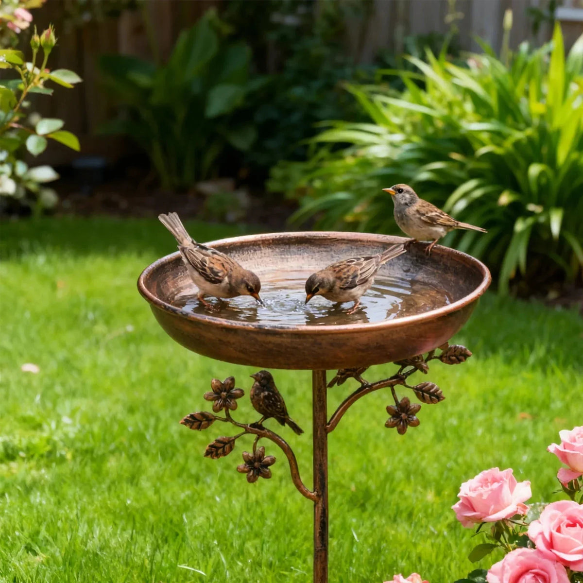 Metal Bird Bath on Garden Stake with Vintage Copper-Tone Finish for Yard & Patio, Easy Assembly Outdoor Birdbath Bowl for Songbirds | Thomler