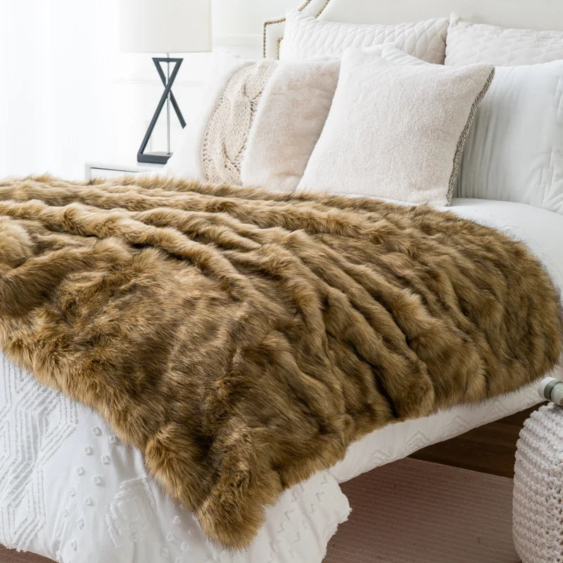 Plush Faux-Fur Accent Blanket 80×60 in Oversized Ultra-Soft Polyester Decorative Cover for Bedroom Sofa Chair Couch Neutral Tan Silver Brind | Thomler