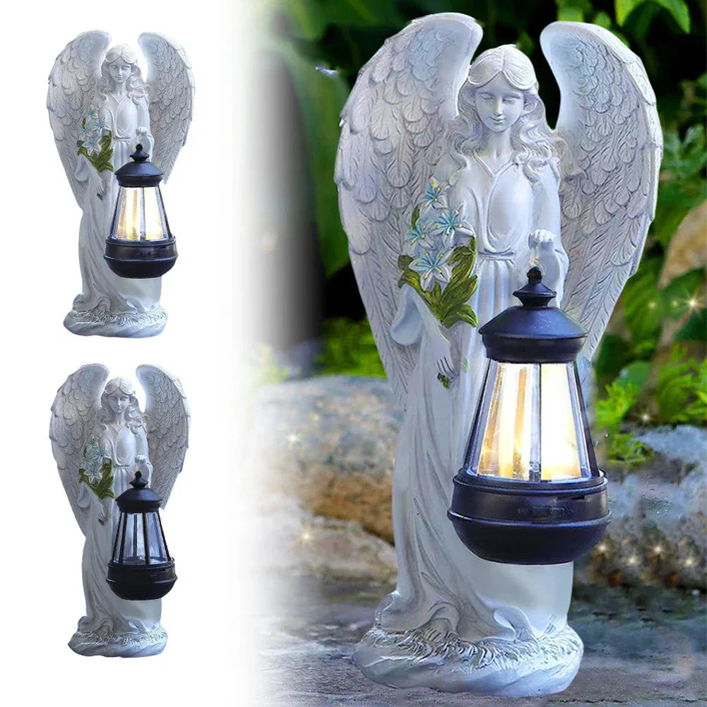 Solar-Engel-Figur LED-Licht weißes Kunstharz 30 cm wasserdichtes Gedenk-Dekor für Terrasse Gehweg Garten kabellos Dämmerungsautomatik | Thomler