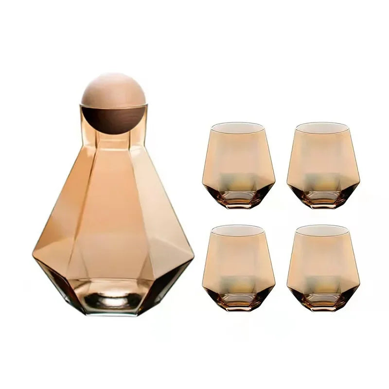 Geometrische glazen karaf en drinkglazen set voor cocktails, water en sap – 5-delige serveerset voor dranken met houten stop | Thomler