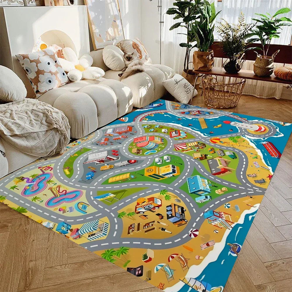 Alfombra de juegos con mapa de carreteras para niños, de franela suave antideslizante con calles de ciudad para cochecitos de juguete, ideal para cuarto de juegos, dormitorio o guardería, tapete lavable de 4 pies × 5 pies para niños pequeños | Thomler