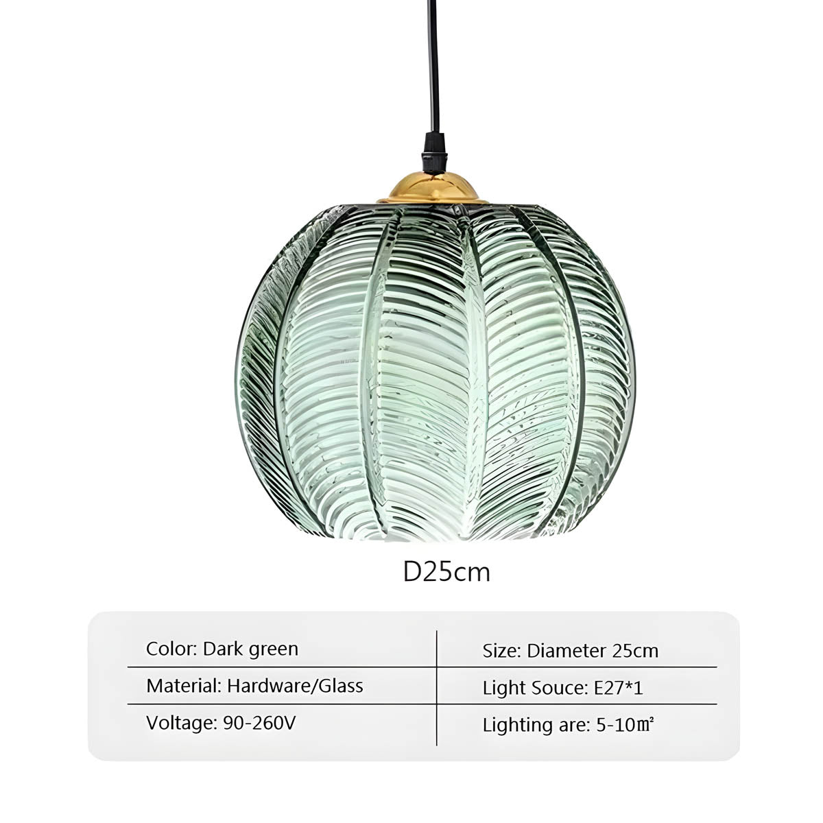 Lámpara colgante de globo estriado con pantalla de vidrio texturizado verde, casquillo E27 de 10 pulgadas, iluminación superior para cocina, isla de comedor o interiores modernos y retro | Thomler