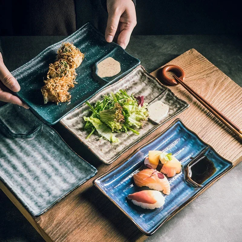 Handcrafted Rectangular Dish with Sauce Well 9×5 Inches White Glazed Dinnerware for Sushi Nigiri Sashimi Japanese Appetizers Tableware | Thomler