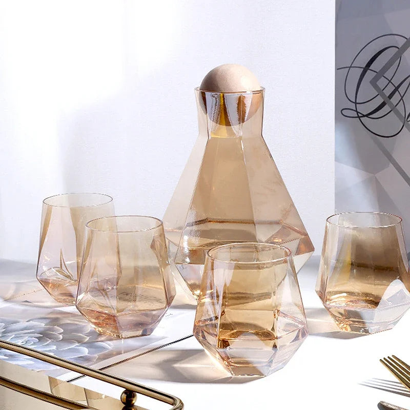 Crystal-Clear Beverage Pitcher & Tumbler Set with Geometric Faceted Design for Home Bar, Kitchen & Dining Room Entertaining | Thomler