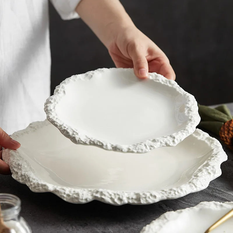 Ceramic Dinner Plate with Textured Rock Edge Design for Kitchen & Dining Room Tables 8-11 inch Natural Tableware | Thomler