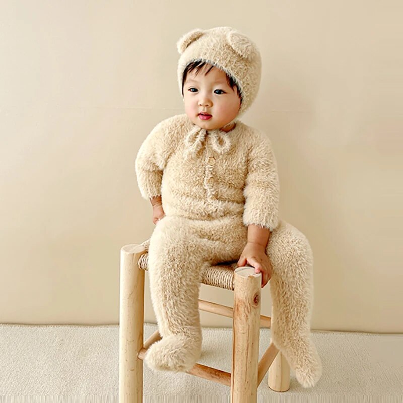 Plush Bear Hooded Romper for Baby – Soft Fleece Bodysuit Onesie for Infant Boys & Girls