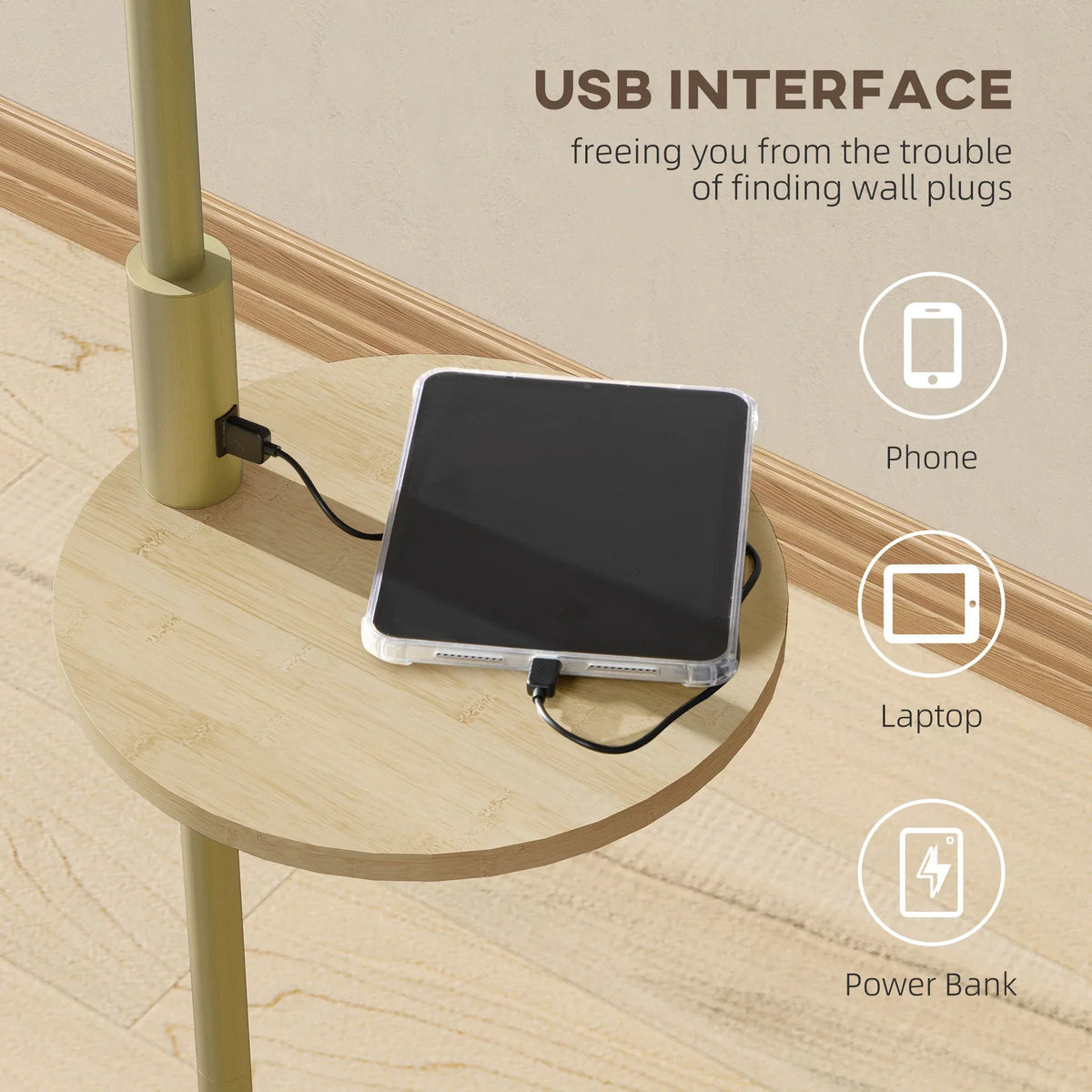 Arc Floor Lamp with Bamboo Shelf and USB Charging Port 67 inch Gold Steel Frame Beige Linen Shade Reading Light for Bedroom Living Room Home | Thomler
