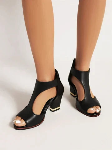 Damen-Blockabsatz-Sandalen mit Riemchen, offener Zehenpartie, Cut-out-Design und Reißverschluss an der Ferse für Sommerhochzeiten, Schwarz, Pink, Weiß, Rot, Beige, Größen US 5-10