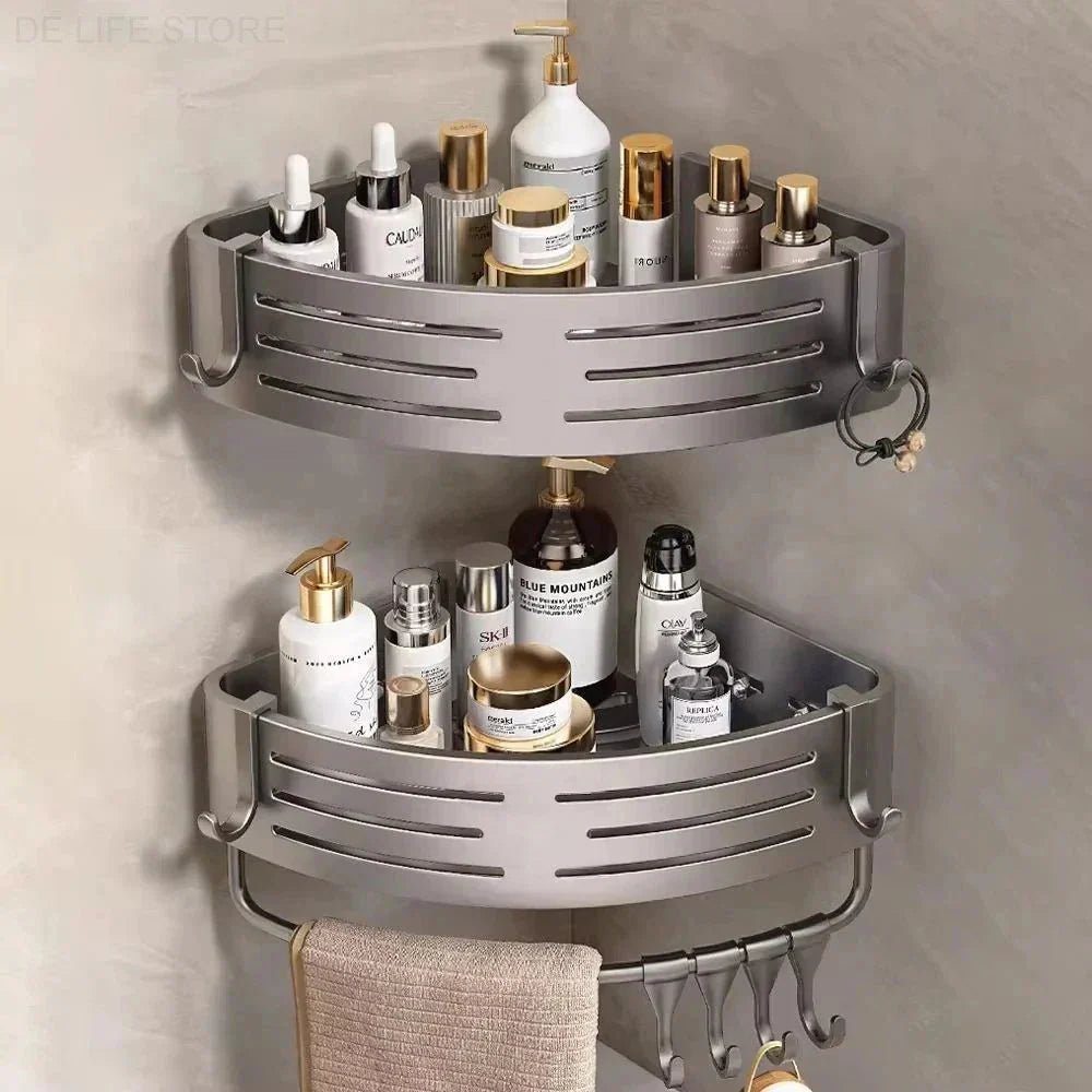 Corner Shower Caddy Set of 2 with Adjustable Height & Hooks No-Drill Aluminum Wall Mount Organizer for Bathroom Shampoo Soap Holder | Thomler