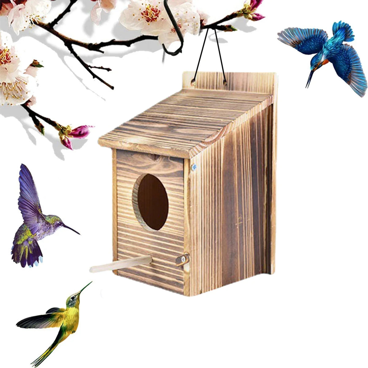 Houten vogelhuisje 22 cm met zijdeur voor buiten, om op te hangen in de tuin, op het terras of balkon, natuurlijke schuilplaats van hout voor kleine vogels | Thomler