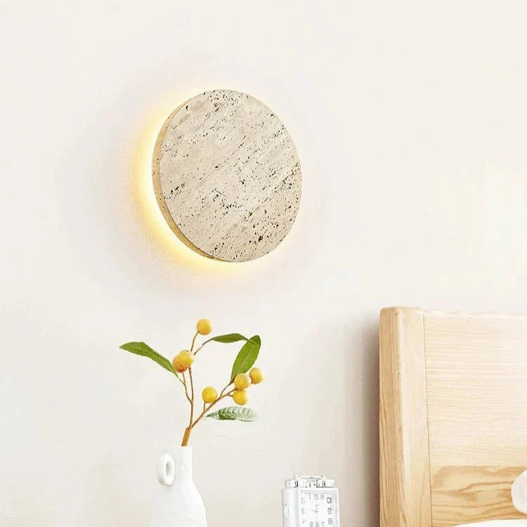 Round Stone Wall Sconce with Integrated Warm LED Light for Bedroom Hallway Living Room Modern Minimalist Travertine Fixture Indoor Ambient L | Thomler