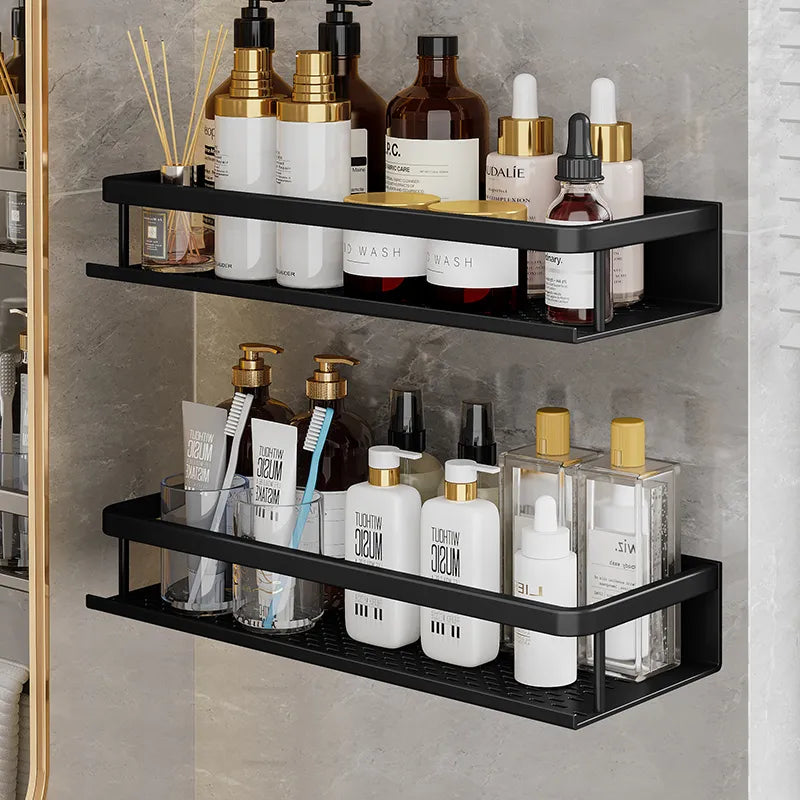 Wall-Mount Aluminum Bathroom Caddy – Black Storage Ledge for Soap, Shampoo & Toiletries – Space-Saving Organizer for Shower & Kitchen | Thomler