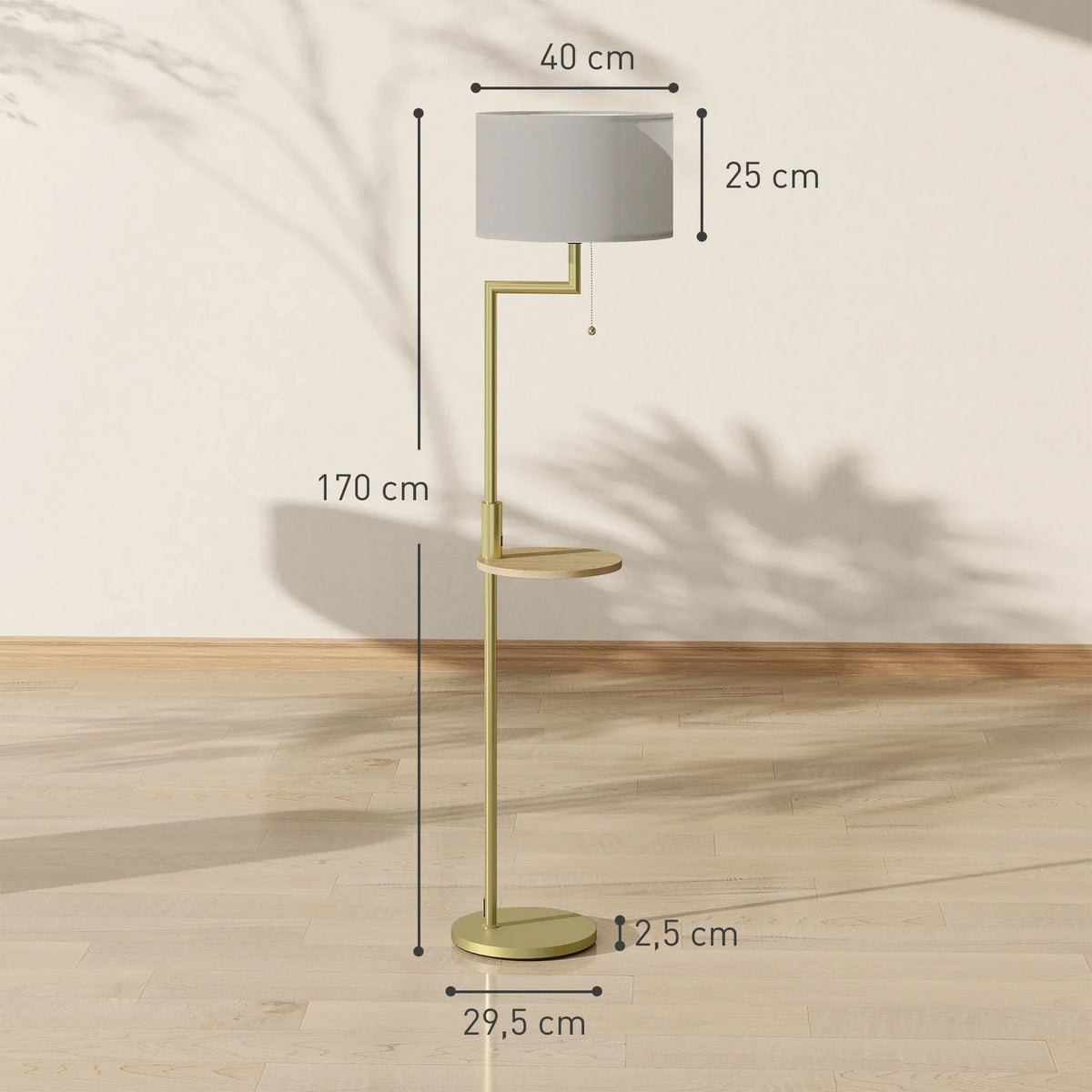 Arc Floor Lamp with Bamboo Shelf and USB Charging Port 67 inch Gold Steel Frame Beige Linen Shade Reading Light for Bedroom Living Room Home | Thomler