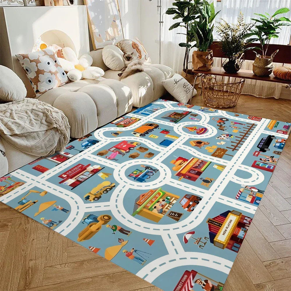 Alfombra de juegos con mapa de carreteras para niños, de franela suave antideslizante con calles de ciudad para cochecitos de juguete, ideal para cuarto de juegos, dormitorio o guardería, tapete lavable de 4 pies × 5 pies para niños pequeños | Thomler