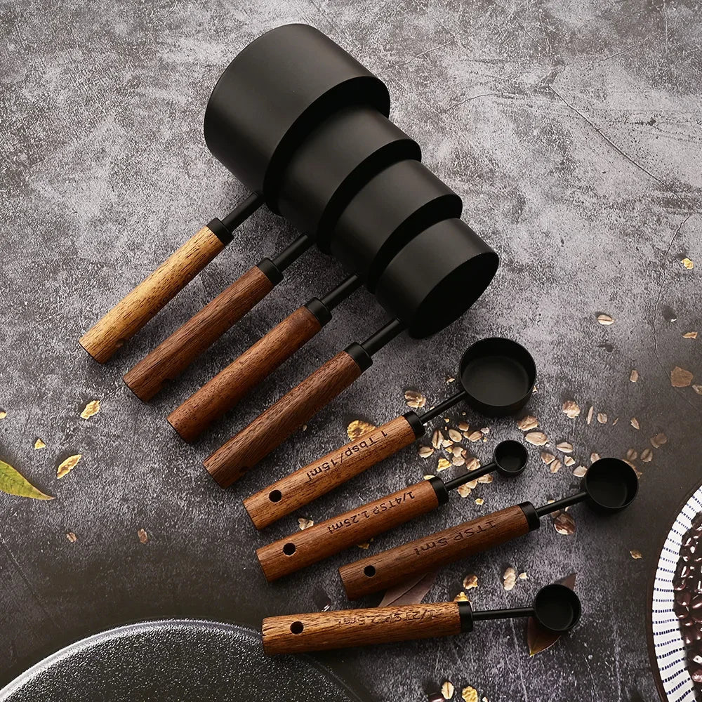 Stainless Steel Kitchen Measuring Spoons 8-Piece Set with Wood Handles for Baking Cooking Spice Portioning Recipe Prep Home Chef Tools | Thomler
