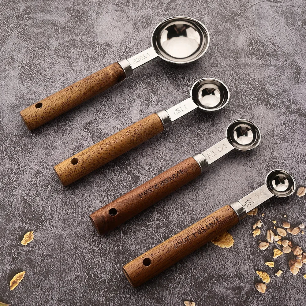 8-Piece Nesting Kitchen Measuring Spoons with Wood Handles Stainless Steel Cooking Baking Tools Set | Thomler