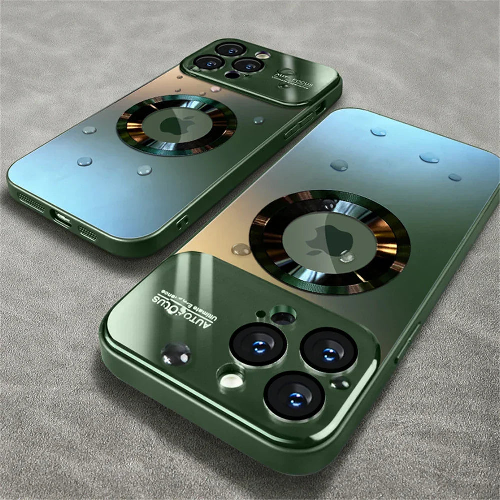 Funda magnética brillante con cierre a presión para iPhone compatible con carga inalámbrica magnética, acabado de espejo