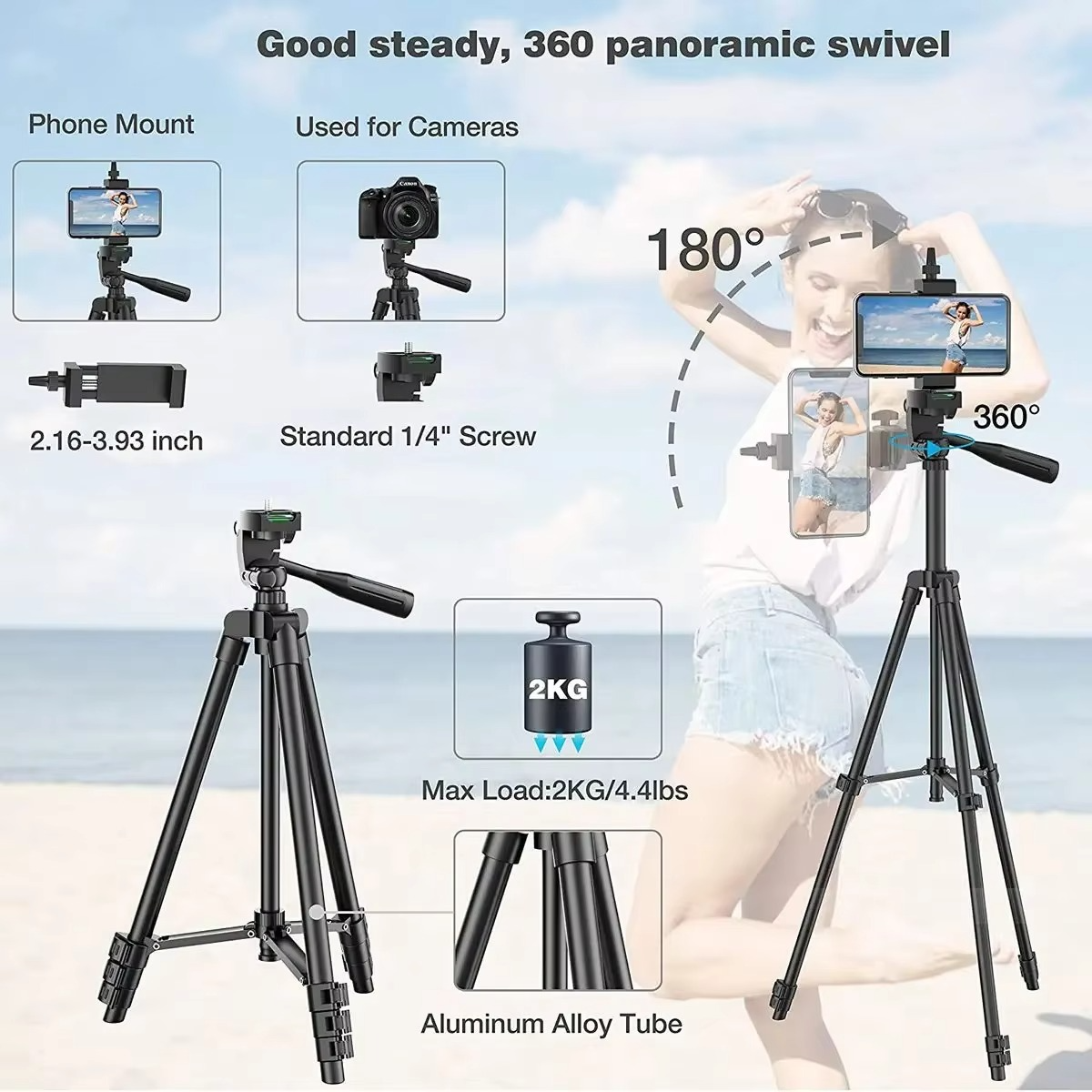 Uitschuifbaar camerastatief met draadloze afstandsbediening en verstelbare telefoonhouder, 51-140 cm
