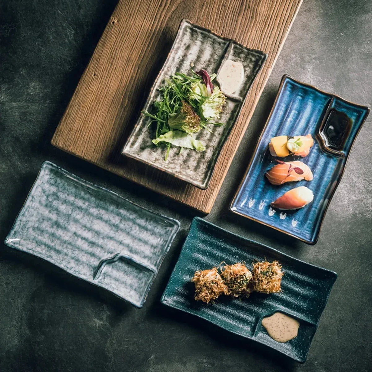 Handcrafted Rectangular Dish with Sauce Well 9×5 Inches White Glazed Dinnerware for Sushi Nigiri Sashimi Japanese Appetizers Tableware | Thomler