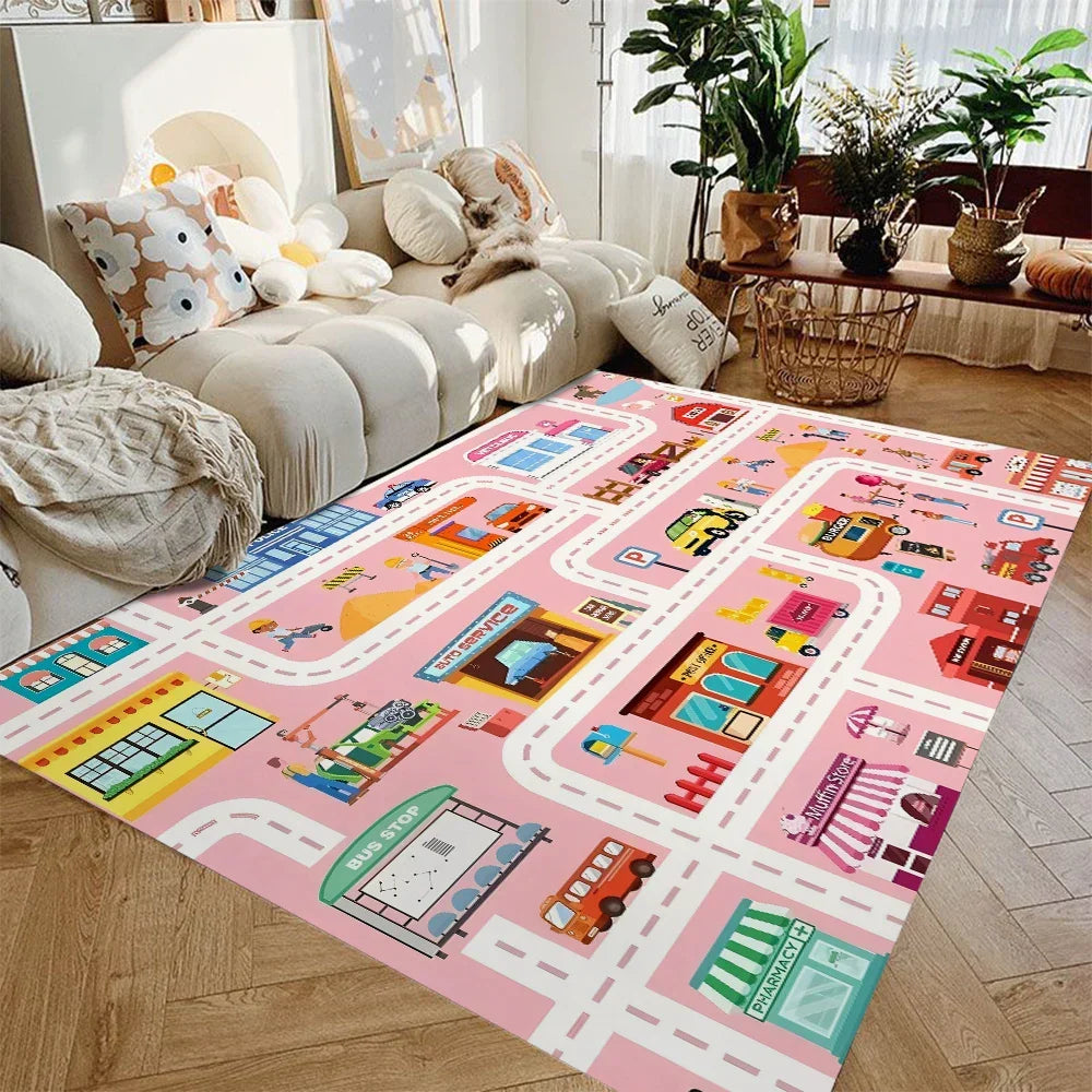 Alfombra de juegos con mapa de carreteras para niños, de franela suave antideslizante con calles de ciudad para cochecitos de juguete, ideal para cuarto de juegos, dormitorio o guardería, tapete lavable de 4 pies × 5 pies para niños pequeños | Thomler