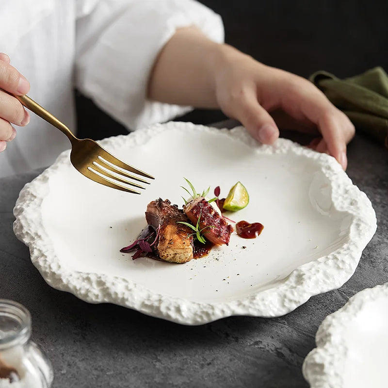 Stoneware Serving Plate 10.5 Inches Round Textured Edge Tabletop Dinnerware Porcelain Dish for Home Kitchen Daily Meals Large Platter Rustic | Thomler