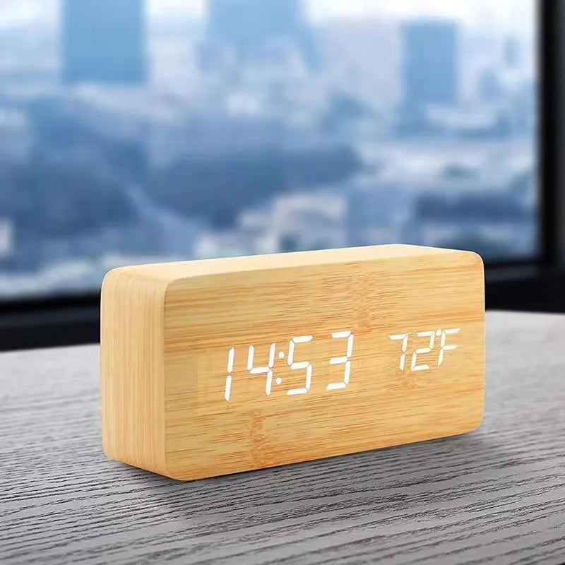 Digital LED Desk Clock with Triple Alarms Temperature Display Brightness Control Wood Grain Finish USB Powered for Bedroom Office Nightstand | Thomler