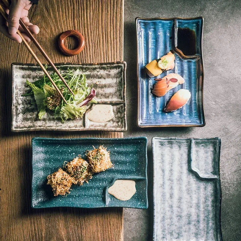 Handcrafted Rectangular Dish with Sauce Well 9×5 Inches White Glazed Dinnerware for Sushi Nigiri Sashimi Japanese Appetizers Tableware | Thomler