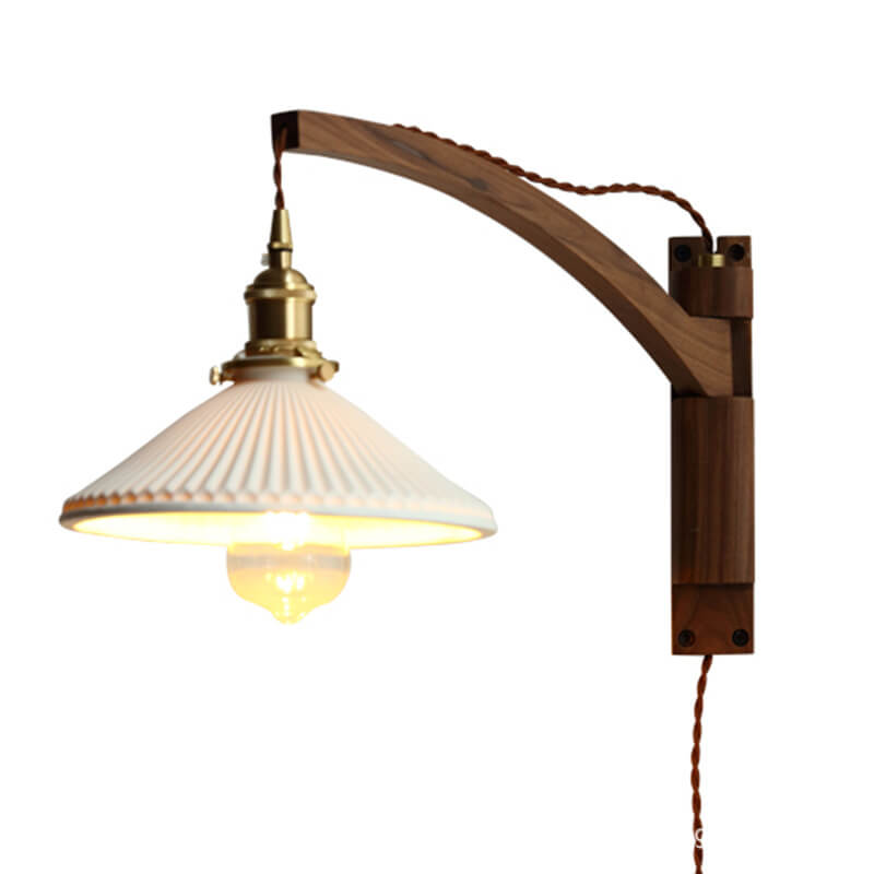 Swing-Arm Sconce with Ribbed Glass Shade 8.3 Inch Light Wood Walnut Brass Accent Fixture for Bedroom Hallway Entryway Reading Adjustable Mou | Thomler